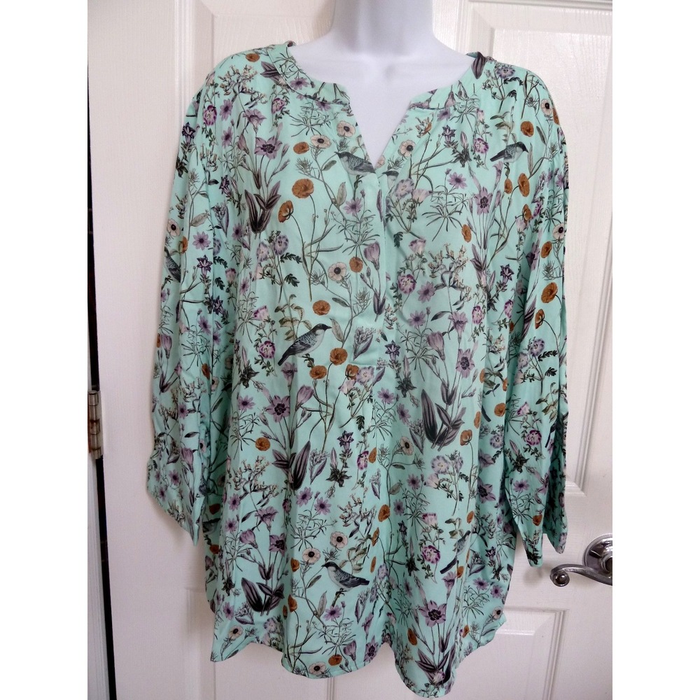 J. Jill XL 18/20 V-Neck Blouse Mint Green Bird Floral Balloon Sleeve Blouse